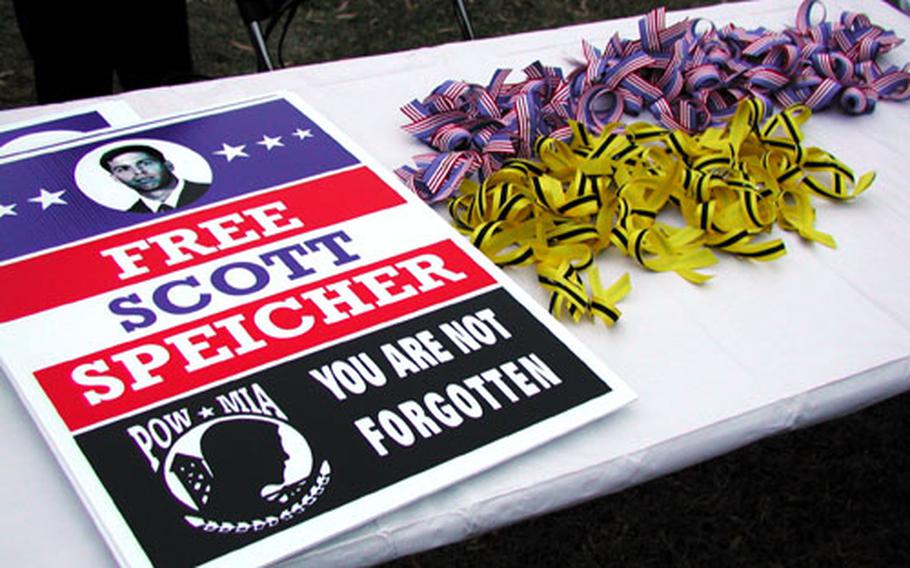Posters and ribbons are ready for partcipants in Saturday's Free Scott Speicher rally at the U.S. Capitol.