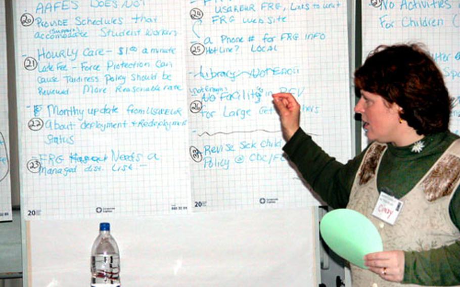 Cindy Brown goes over some ideas that were presented Tuesday at the 293rd Base Support Battalion&#39;s Army Family Action Plan conference in Vernheim, Germany.