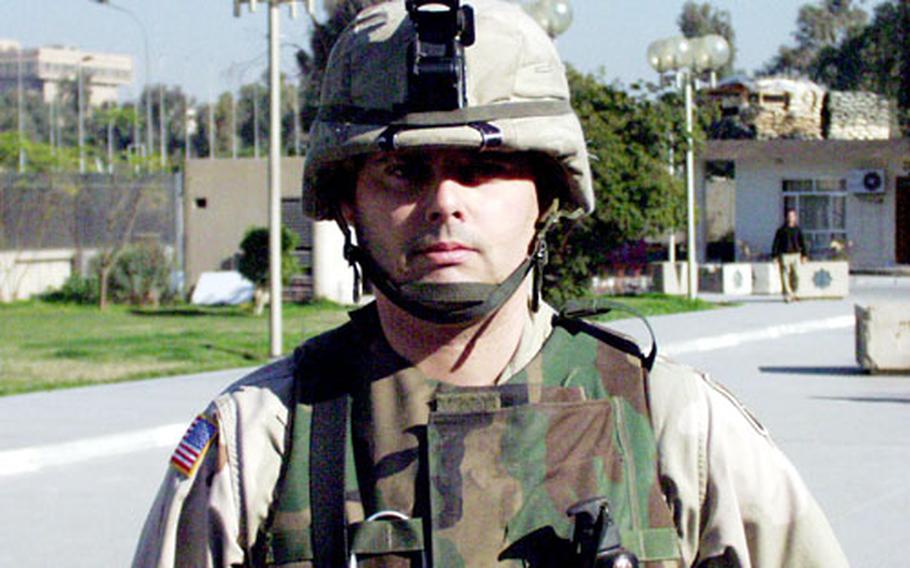 Spc. Karl Pesak was just 15 meters away from a rocket explosion inside a compound used by the U.S.-led coalition in Iraq late Tuesday.