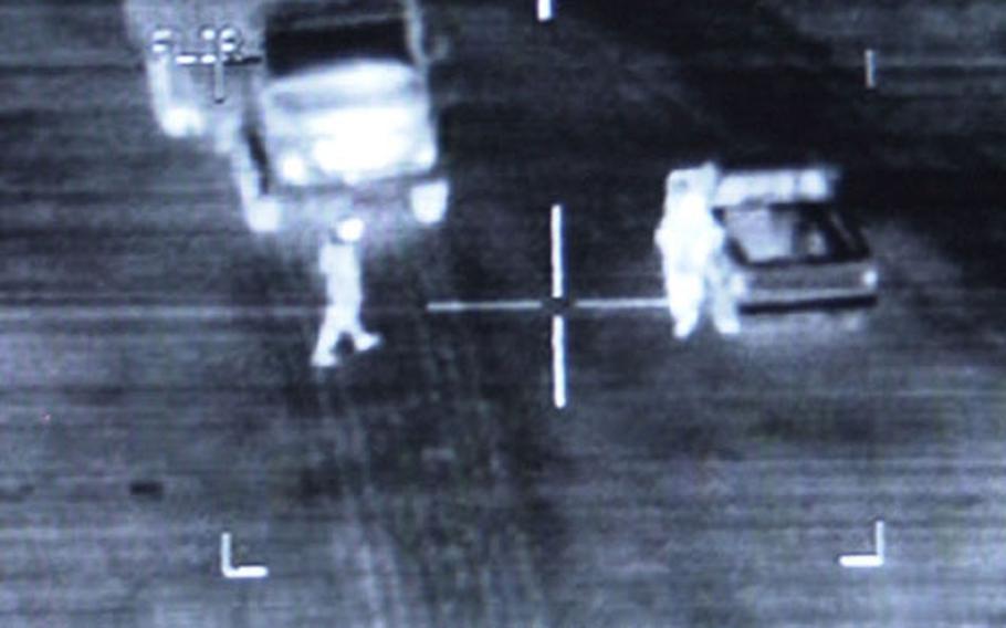 Screen shot from a video circulating among troops that depicts an attack on Iraqi insurgents.