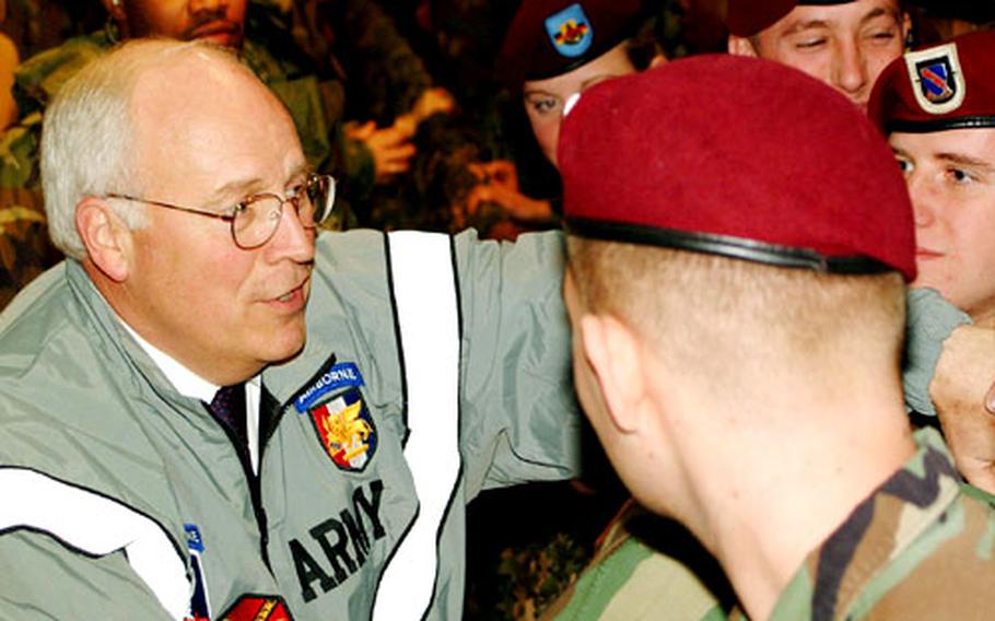 Vice President Dick Cheney greets servicemembers during a stop at Caserma Ederle, Italy, on Tuesday.