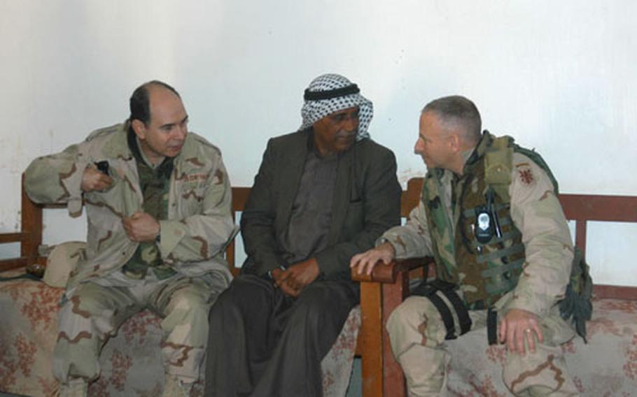Lt. Col. Drew Ryan, right, talks with a village sheik with the help of a translator. Ryan and his 223rd Military Intelligence Battalion will leave this month after a year in Iraq.