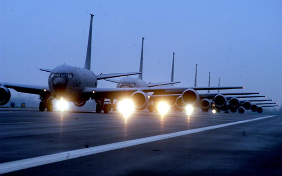 The KC-135 Stratotankers of the 100th Air Refueling Wing, like these on the runway at RAF Mildenhall, England, will soon be flying from RAF Fairford while the runway undergoes a complete renovation. The deployment begins next week and is expected to last until September.