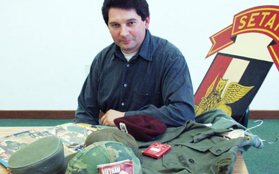 Fabio Cortese, who works at the commissary at Caserma Ederle in Vicenza, Italy, has a large collection of gear, memorabilia and signs from the U.S. military.