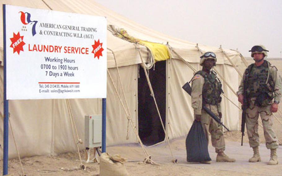 Lacking self-service laundry facilities for soldiers, Camp New York offers a laundry service for soldiers and Marines who don't wish to wash their own clothes in buckets. It offers three-day service. A desert uniform, cleaned, pressed and starched, costs $3.