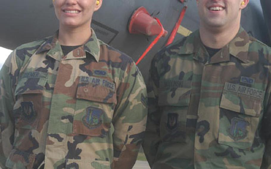 Airman 1st Class Keri Roemer, left, and Staff Sgt. Dave Modlinski will join 200 other airmen from the 48th Fighter Wing on a deployment to the Central Command area of responsibility next month. The wing's 492nd Fighter Squadron from RAF Lakenheath, England, will spend about 90 days downrange.