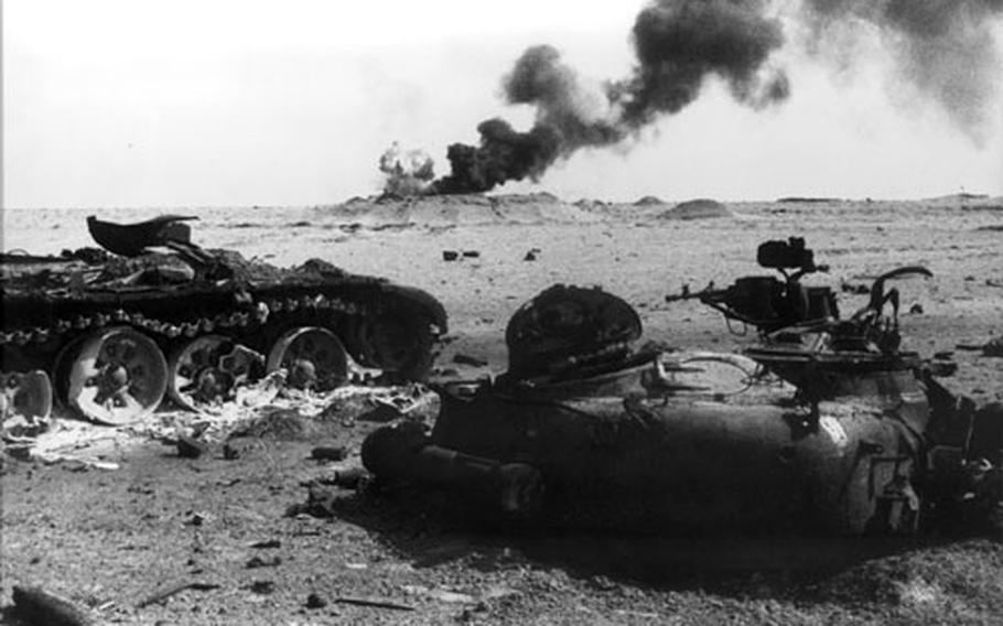The charred remains of tanks lie in a heap during the 1991 Persian Gulf War. As concerns over depleted uranium grew in the aftermath of the Gulf War, Army doctors were largely in a reactive mode, waiting for soldiers to broach the subject of radiation exposure. Now, troops returning from Iraq are being asked about depleted uranium — as well as other potentially dangerous toxins in an Army-wide post-deployment questionnaire.
