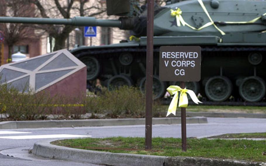 Lt. Gen. Ricardo Sanchez’s official parking space at his Heidelberg, Germany, V Corps headquarters remains empty Tuesday. Top leaders decided to leave Sanchez in command of forces in Iraq, even as the rest of his staff returns home to Germany.