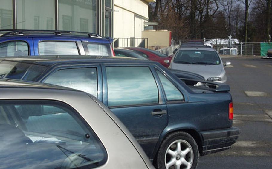 Parking is so scarce at Patch Barracks, home to the U.S. European Command Headquarters, that drivers routinely double park, as they did Thursday, outside the Central Issuing Facility. The 6th Area Support Group is working on several plans to alleviate parking woes.