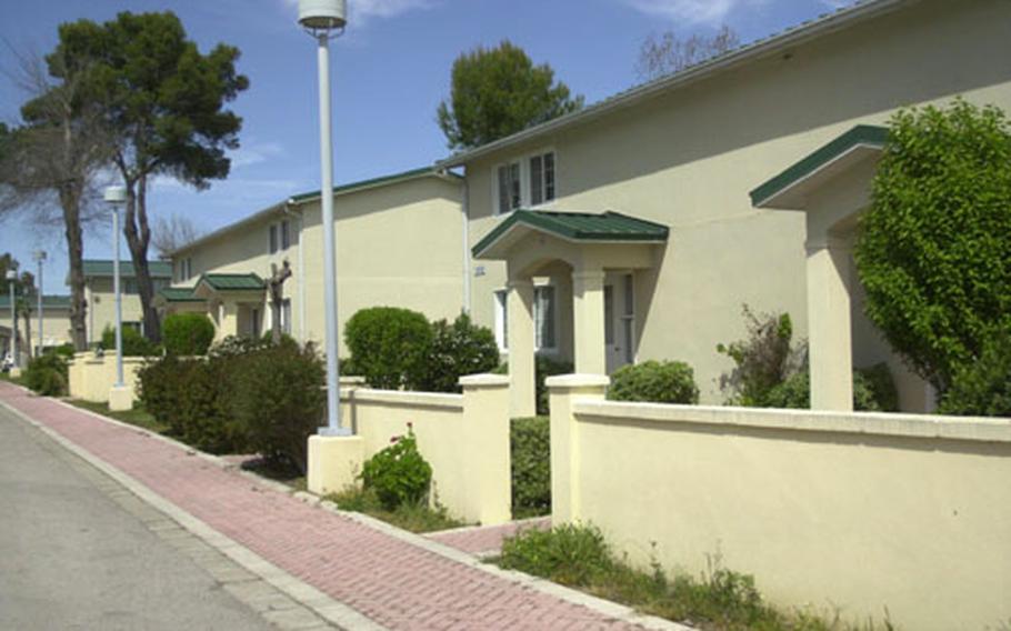 A block of housing in the Las Flores section of Naval Station Rota's base housing in Spain. A surplus in base housing means military personnel below the pay rate of E-5 must live on base.