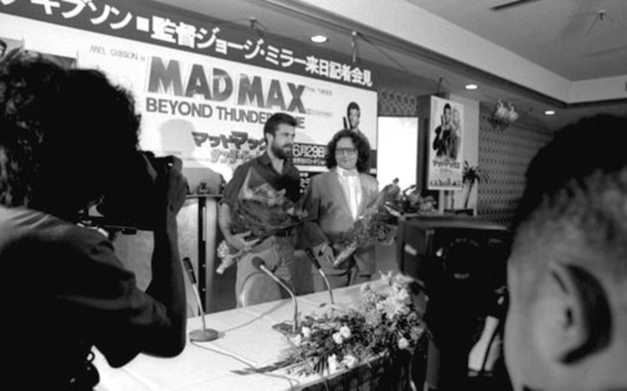 Mel Gibson at a June, 1985 Tokyo press conference to promote his latest film, "Mad Max Beyond Thunderdome." With Gibson in the two bottom photos is co-director George Miller.