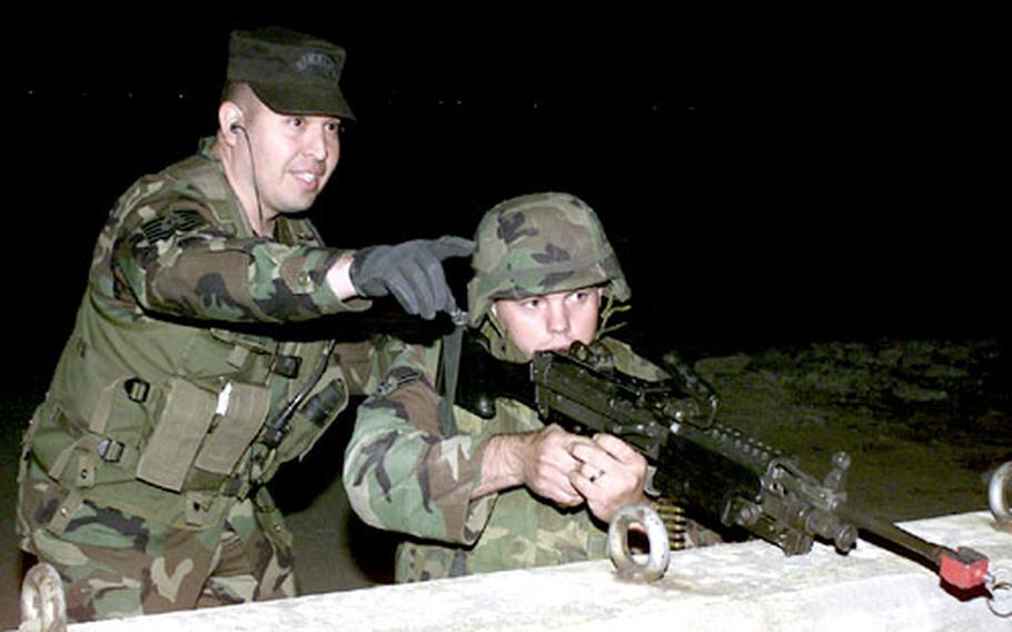 Tech Sgt. Paul Perez, left, of the 607th Training Flight guides Airman 1st Class Chris Davidson in the proper aiming position during base defense training recently at Osan Air Base. The training was part of a five-day Pacific Air Forces course aimed at better preparing Security Forces airmen for deployment to world trouble spots. Davidson is with the 15th Security Forces Squadron at Hickam Air Force Base, Hawaii.