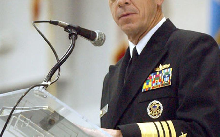 Vice Chief of Naval Operations (VCNO) Adm. Michael G. Mullen speaks at a graduation ceremony at Recruit Training Command (RTC) Great Lakes. VCNO Mullen made remarks as the guest speaker at both the graduation and the official Naval Service Training Command (formerly NTC Great Lakes) stand-up ceremony onboard Naval Station Great Lakes.