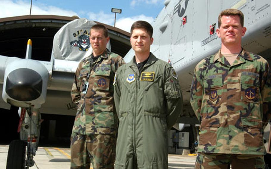 Airman 1st Class Kristopher Woodhull, Capt. Tim Sumja and Sgt. Christopher Haney, left to right, of Spangdahlem's 81st Fighter Squadron, are among the A-10 squadron members participating in memorial flyovers in France — one on Sunday and one on June 6.