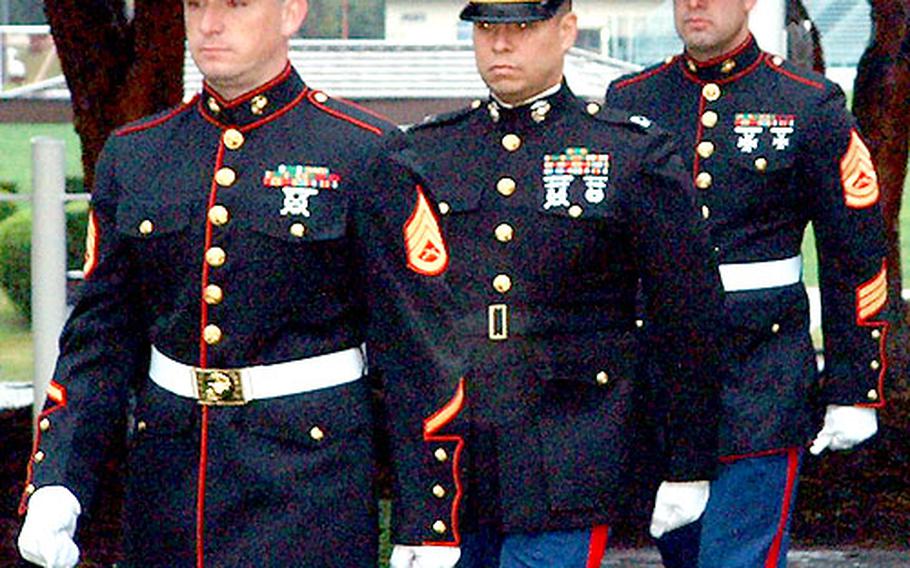 As part of the Marine Corps Association at Atsugi Naval Air Facility, Marines march on Veterans Day.