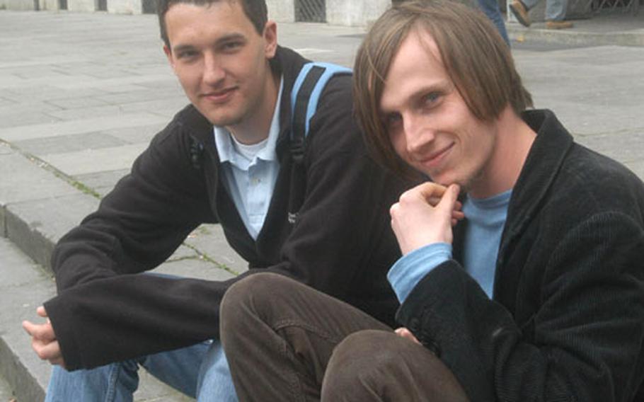 Philipp Trein, 22, of Heidelberg, right, was taught that the Russian Red Army did the bulk of the fighting against the Nazis in World War II, and the Allied victory in France might not have happened without the Russian victory at Stalingrad. Trein's friend, Nicolai Wydra, 21, of Heidelberg, left, said "most German teenagers are thankful" the Nazis were defeated.