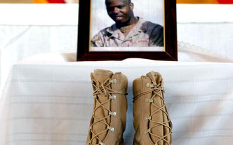 Members of the 417th Base Support Battalion community gathered Tuesday to remember Pfc. Markus J. Johnson, of Battery D, 4th Battalion, 3rd Air Defense Artillery in Kitzingen, Germany, who died in a vehicle accident in Iraq last week.