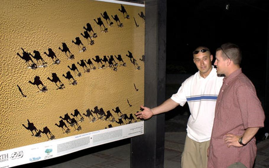 SPC John Clever, right, and SPC Joshua Fritz, of the 389th Engineer Support Company, discuss a piece from the Earth from Above exhibit. The display was one of the many activities taken in by these soldiers during their R&R in Qatar.