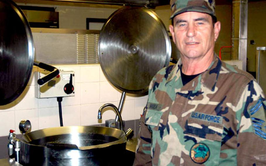 Senior Master Sgt. John Baker, an Army National Guard member from St. Joseph, Mo., volunteered to stay two extra months at RAF Fairford, England, to run the dining facility for deployed troops.