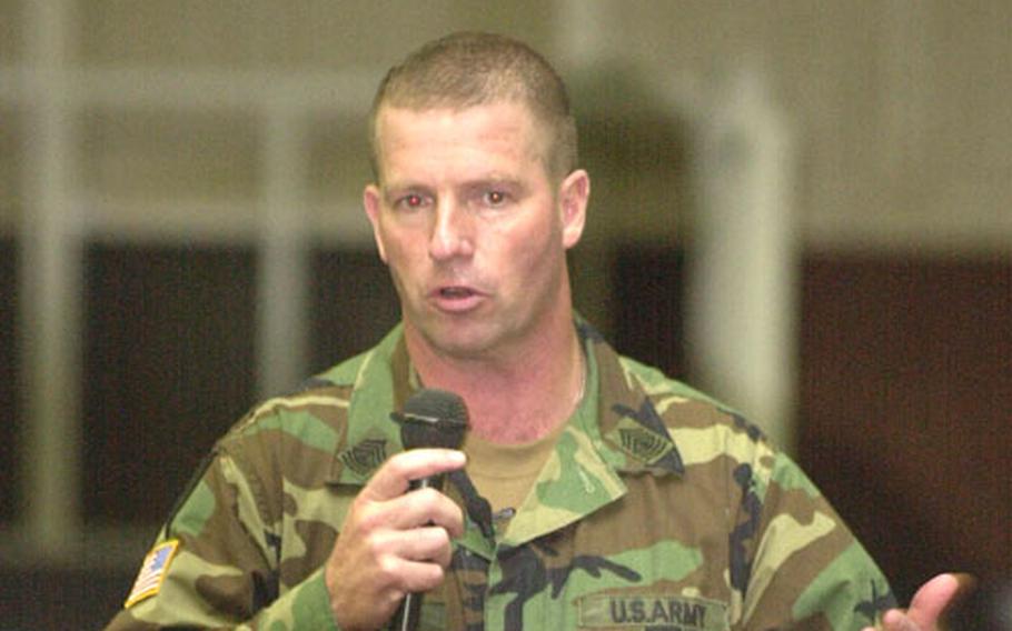 Sgt. Maj. of the Army Kenneth Preston talks to the soldiers of Camp Zama during his visit to the base Friday.