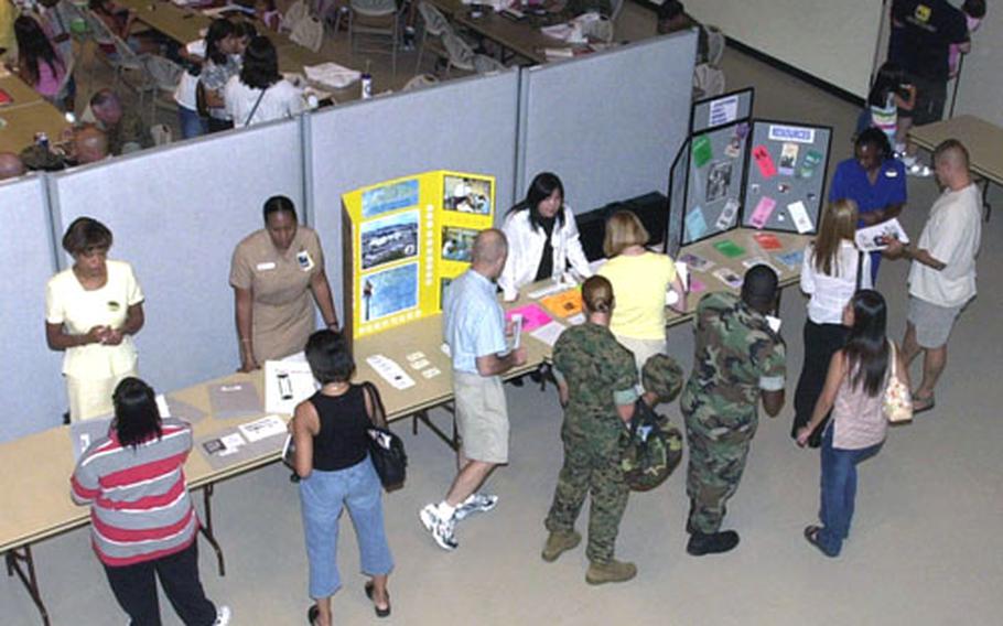Servicemembers and their families who recently arrived on Okinawa gather information during the Newcomer's Orientation on Camp Foster. Recent changes to the program include all children 10-years of age and older must attend the brief and no one, including family members, can get their drivers license until they attend.