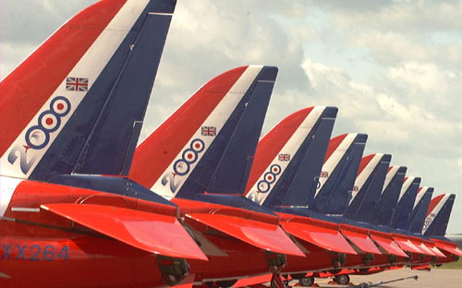 Aircraft belonging to the Royal Air Force's Red Arrows flying team sit at RAF Mildenhall, England, during Air Fete 2000. The air show, which has brought 500,000 to the base for one weekend, has not been held since 2001. The base is considering whether it will be held in 2005.