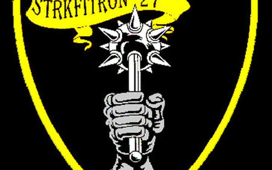 Emblem of the Royal Maces, Strike Fighter Squadron 27, a unit at Atsugi Naval Air Facility trading its F/A-18A Hornets for the more modern F/A-18E Super Hornets.