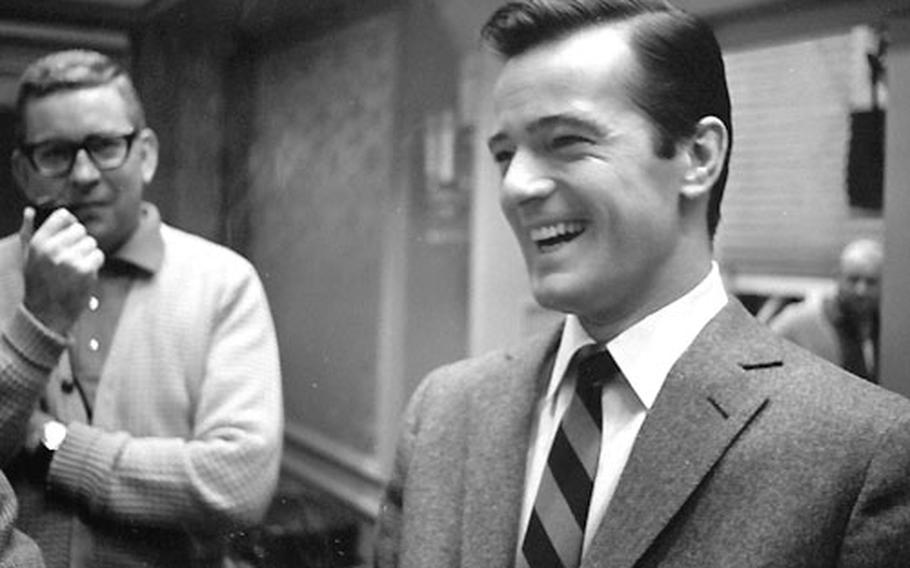 Actor-singer Robert Goulet on the set of the "Blue Light" TV series in Munich in December, 1965.