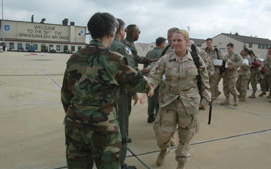 Senior leaders at Spangdahlem Air Base say goodbye to members of several maintenance and support units deploying Saturday to Southwest Asia for four months.