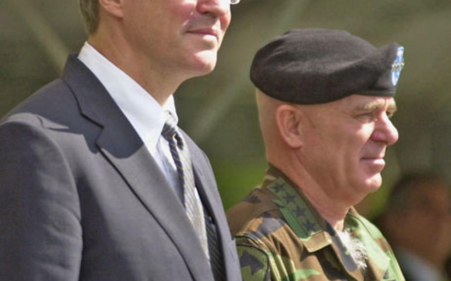 Christopher Hill, U.S. ambassador to South Korea, and Gen. Leon LaPorte, U.S. Forces Korea commander, at Monday's ceremony.