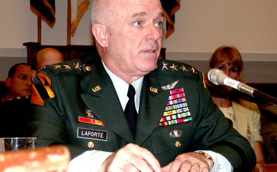 Gen. Leon J. LaPorte, commander of U.S. Forces Korea, testifies Tuesday at an issue forum for the House Armed Services Committee on enforcing U.S. policies against prostitution and human trafficking, updating members of Congress on progress of the military's zero-tolerance policy.