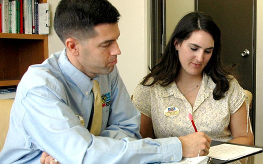 Mark Allen, left, director of the Family Team Building Department of Iwakuni Marine Corps Air Station’s Marine Corps Community Services, and Melissa Young, the department’s program specialist, have started a support group for spouses of servicemembers.