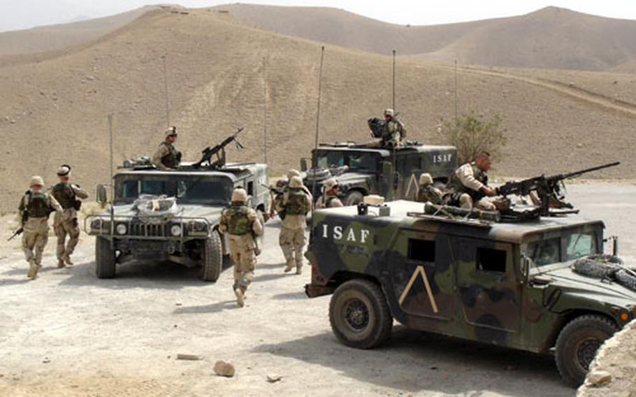 Soldiers from Compnay A, 1st Battalion, 4th Infantry Regiment prepare to depart on a mounted patrol during deployment to Afghanistan.