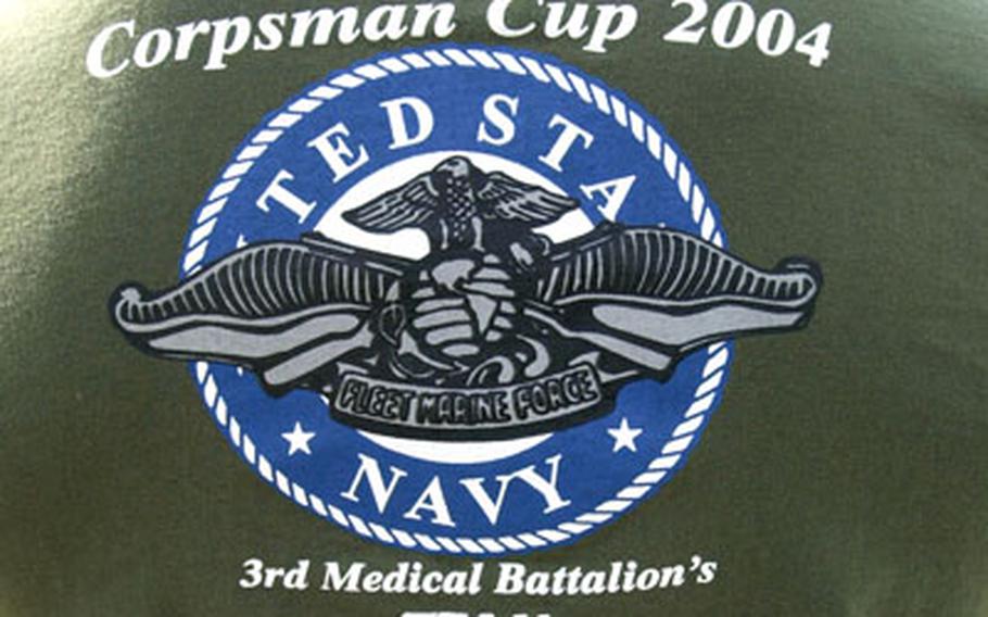 The team from 3rd Medical Battalion prepared this shirt prior to the 12th Annual Battle Skills Competition on Okinawa over the last week. By placing first in five of the seven events, the team followed through on its promise printed at the bottom: "Your mistake was made when you entered this competition against us, now you will pay and suffer the consequences."