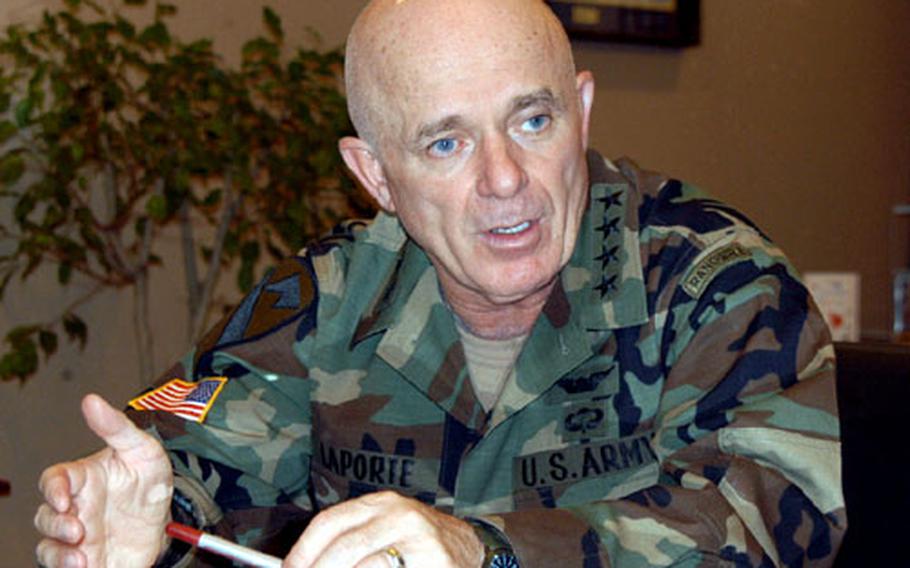 Gen. Leon J. LaPorte, commander of U.S. Forces Korea, discusses the pending relocation of Yongsan Garrison and the reduction of troops throughout the Korean peninsula in an interview Monday.