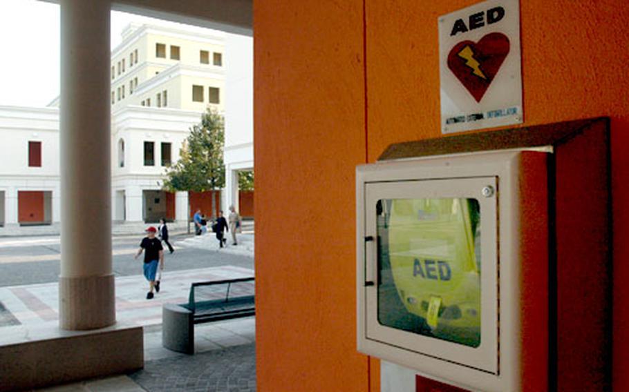 Automatic external defibrillators, similar to this one at Naval Support Activity Naples, Italy, will soon be distributed to USAFE bases. Currently, 84 of the units, designed to save someone in cardiac arrest, will be sent to the bases. Officials say more will be purchased and distributed as funds become available.
