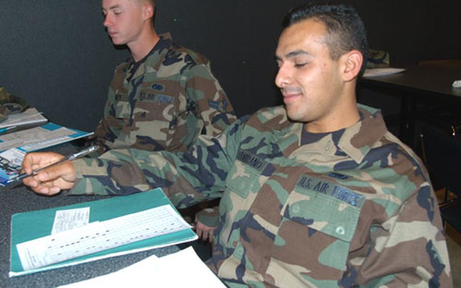 Airman 1st Class Thomas Henley, left, and Airman Basic Raymond Altamirano of 35th Maintenance Squadron, Misawa Air Base, Japan, work on driver’s license tests Monday at the base enlisted club. Since both men are younger than 26, they must wait to get their licenses to drive in Japan from a unit supervisor as part of a new installation policy designed to stress the importance of safe driving.