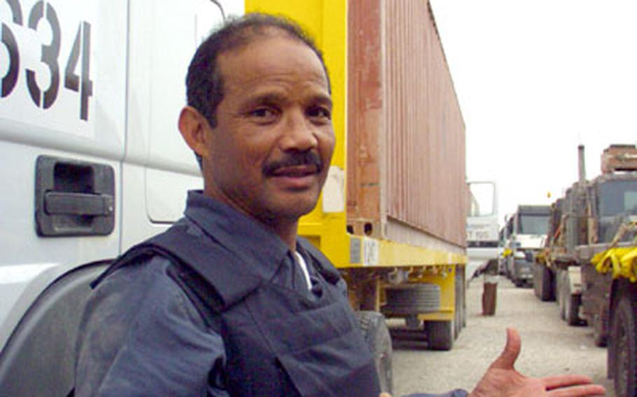 Ezra Frechas, 47, is took a job as a civilian truck driver on the Iraqi Express to make money to boost his eco-tourism guide business. The presence of the 518th Gun Truck Company reassures him even though friends told him taking the dangerous job amounted to suicide. "You feel very safe," Frechas said. "They take no threat from nobody."