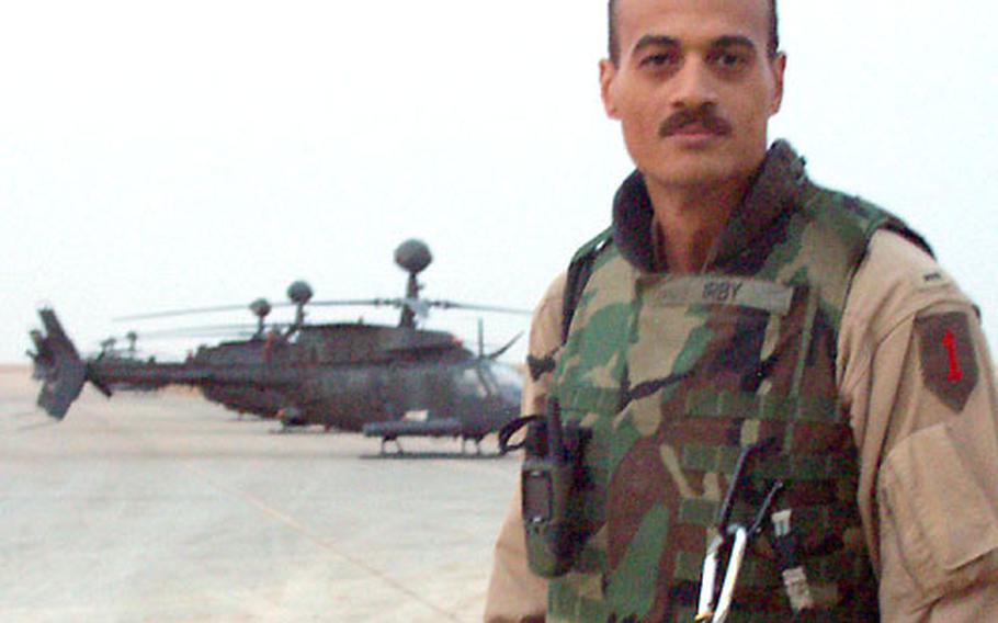Chief Warrant Officer 3 Almous Irby, 36, of Neptune, N.J., was awarded two Air Medals with Valor Tuesday for two battles with insurgents in Baqouba, Iraq. He pilots an OH-58D Kiowa Warrior helicopter for Troop E of the 1st Infantry Division’s 1st Squadron, 4th Cavalry Regiment.