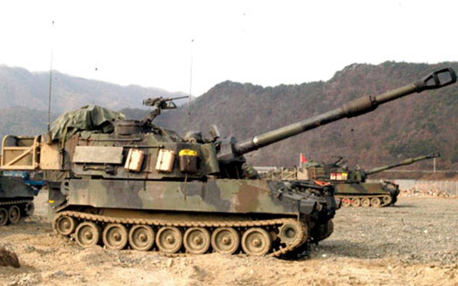 A Paladin waits to fire near Rodriguez Range, South Korea, on Monday.