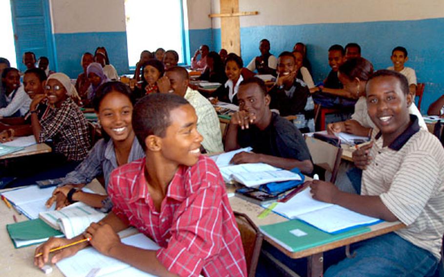 Inside a classroom at a school in Djibouti City, Djibouti. U.S. troops are hiring African contractors to renovate this building and others.