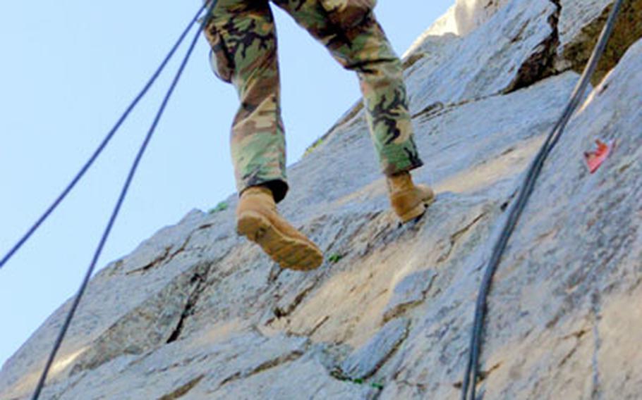 Lance Cpl. Mark Skorup, a rifleman with the Hawaii-based 3rd Battalion, 3rd Marine Regiment, rappels down a rock face during training at the Marine Corps Mountain Warfare Training Center in Bridgeport, Calif. The battalion practiced mountain warfare techniques prior to deploying to Afghanistan last week.