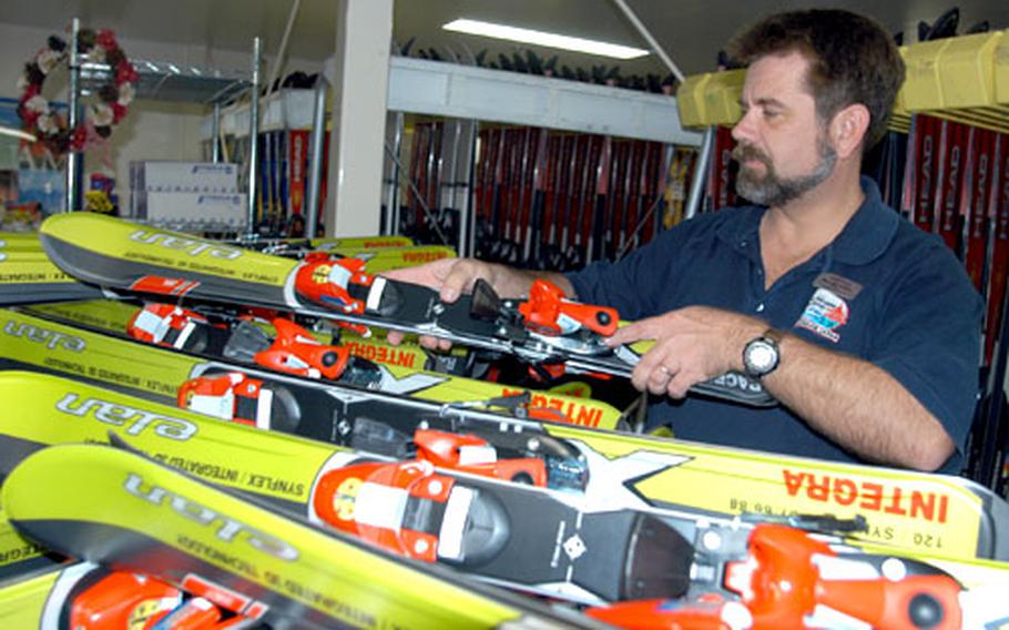 Ron Stark, Misawa Air Base’s Outdoor Recreation director, stacks skis in the agency’s new location at the Weasel’s Den. Equipment rentals begin Dec. 17, the day before most ski and snowboard resorts in northern Japan open for the winter. Outdoor Recreation still seeks applicants to become nationally certified ski and snowboard instructors.