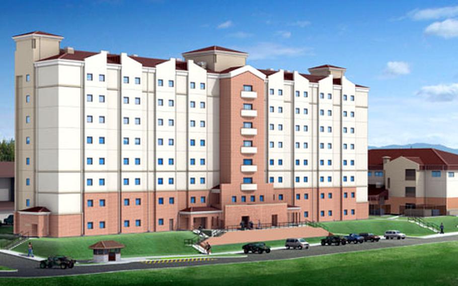An artist’s rendering of the eight-story barracks and adjacent headquarters building scheduled to be built at the Army’s Camp Humphreys in South Korea. Construction on the $16.7 million project is to start next spring at the base, which eventually is to be enlarged into a major U.S. troop hub.