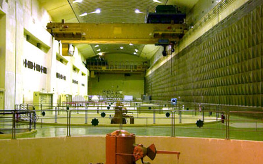 The turbine room at the base of the Hadithah Dam, now used as a base camp for the 1st Battalion, 23rd Marine Regiment.