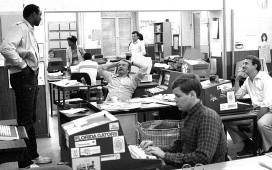 Elvin Hayes visits the Stars and Stripes newsroom in Griesheim, Germany, in July, 1984.