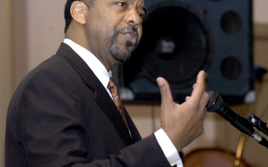 Dr. Bernard A. Harris Jr., who flew on two space shuttle flights for NASA, speaks at Patch Barracks in Stuttgart, Germany, on Wednesday.