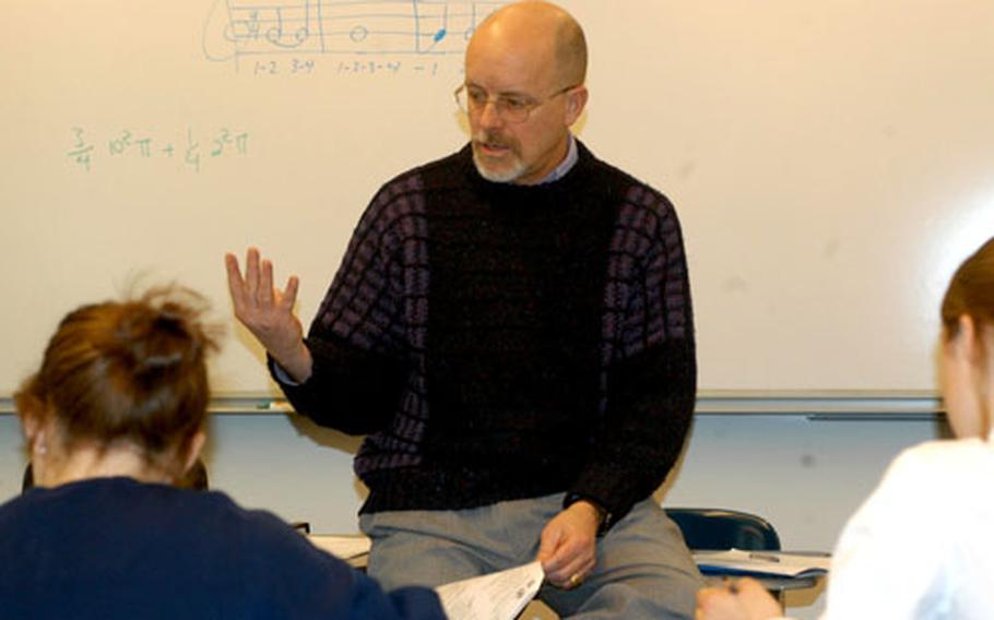 Aviano High School’s Doug McEnery, named DODDS-Europe high school principal of the year, makes a point while teaching a class this week.