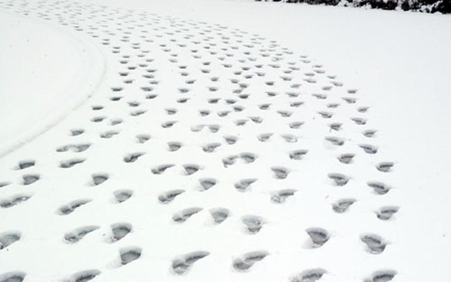 Almost 6 inches of snow didn't stop at least one person from running around the base track at Aviano Air Base, Italy, on Tuesday morning. But there wasn't anyone in sight at lunchtime, and the adjacent fitness center was among the many facilities closed around base.