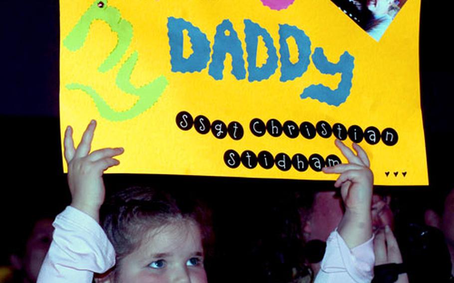 Every contestant had their fans at the “Aviano Idol” contest Saturday night at the base’s community center. Kyla Stidham, 4½, shows off support for her daddy, Staff Sgt. Christopher Stidham.